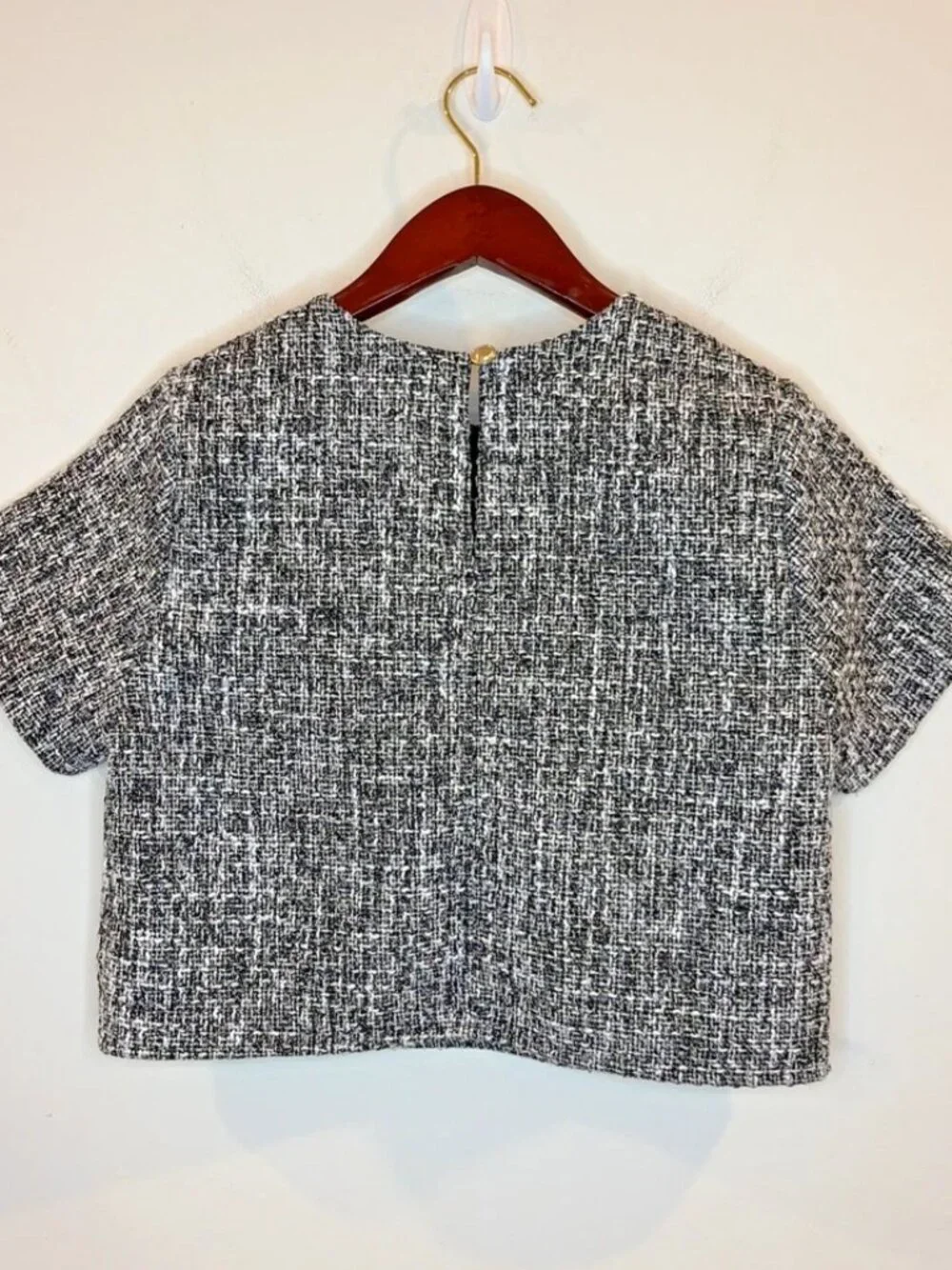 Abercrombie & Fitch Womens XS Tweed Woven Tee Top Black White Cropped Boxy Lined - Picture 6 of 14